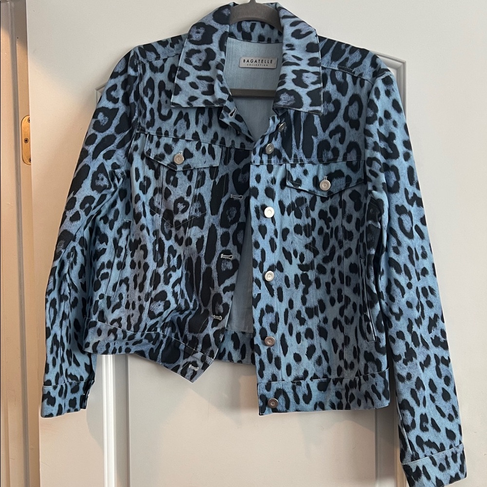 Bagatelle Light Blue Leopard Print Jean Jacket